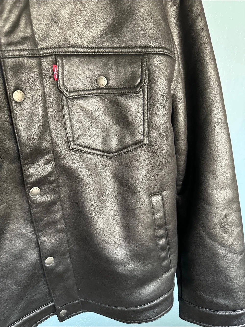 Levi's Black Faux Leather Sherpa Collar Trucker Jacket